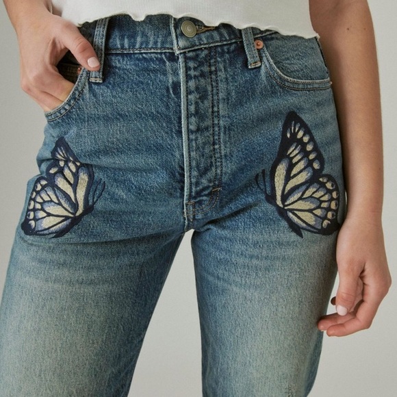 Lucky Brand High Rise Drew Mom Embroidered Butterflies - Picture 4 of 17